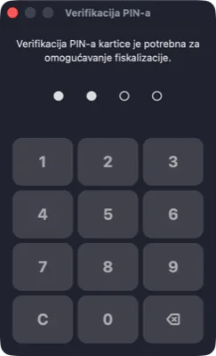 Dijalog za verifikaciju PIN-a: PIN se unosi na numeričkoj tastaturi