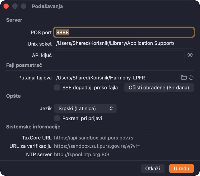 Dijalog Podešavanja sa odeljcima Server, Fajl posmatrač, Opšte i Sistemske informacije
